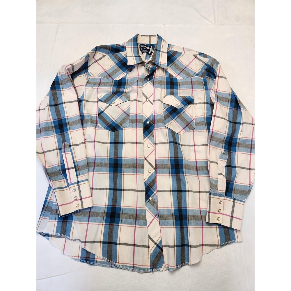 Wrangler Cowboy Cut Shirt Mens Large Blue Plaid Western Pearl Snap Long Sleeve